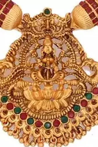 Traditional gold-plated temple necklace set with lakshmi pendant & jhumka earrings handcrafted ethnic jewelry