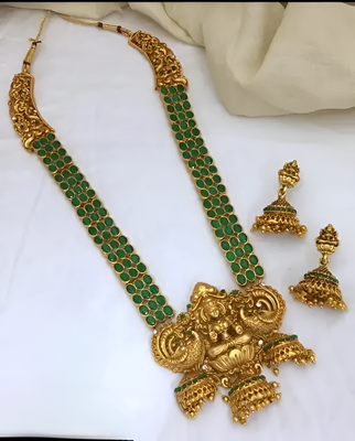 Temple gold lakshmi necklace with green stone - traditional indian handcrafted jewelry for wedding, festival & occasions 1