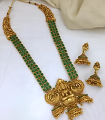 Temple gold lakshmi necklace with green stone - traditional indian handcrafted jewelry for wedding, festival & occasions