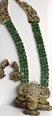 Temple gold lakshmi necklace with green stone - traditional indian handcrafted jewelry for wedding, festival & occasions 2
