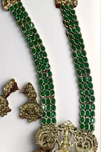 Temple gold lakshmi necklace with green stone - traditional indian handcrafted jewelry for wedding, festival & occasions