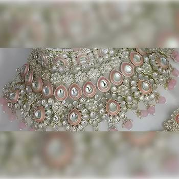 Luxurious rose quartz kundan bridal set - complete semi wedding jewelry collection with pearl embellishments 2