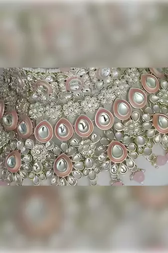 Luxurious rose quartz kundan bridal set - complete semi wedding jewelry collection with pearl embellishments