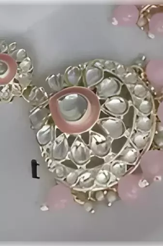 Luxurious rose quartz kundan bridal set - complete semi wedding jewelry collection with pearl embellishments