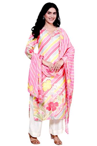 Women's leheriya digital print v-neck kurta set for women with dupatta