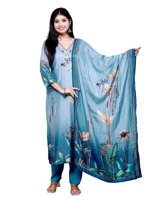 Women's botanical print v-neck kurta set for women with dupatta 1