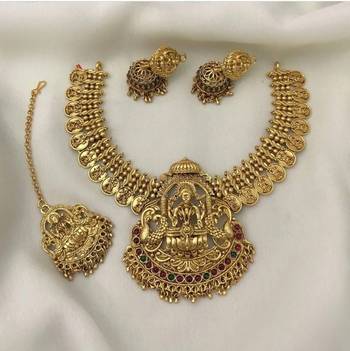 Temple jewelry set - traditional south indian antique gold-plated Necklace :: with jhumka earrings 1
