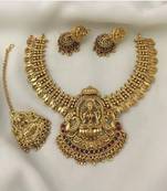 Temple jewelry set - traditional south indian antique gold-plated necklace with jhumka earrings