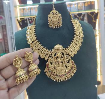 Temple jewelry set - traditional south indian antique gold-plated Necklace :: with jhumka earrings 2