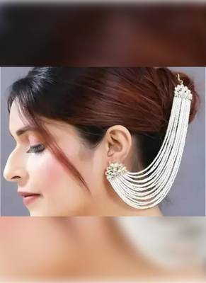 Pearl cascade ear cuff and hair chain | bridal white beaded statement earrings 3