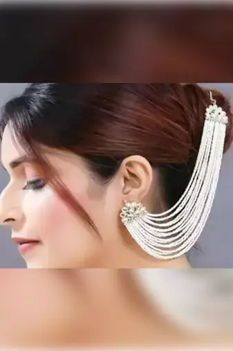 Pearl cascade ear cuff and hair chain | bridal white beaded statement earrings