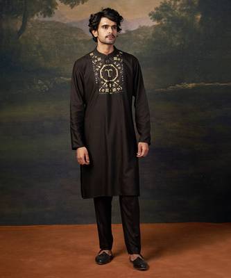 Black hand-embroidered black kurta set 1