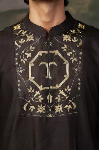 Black hand-embroidered black kurta set
