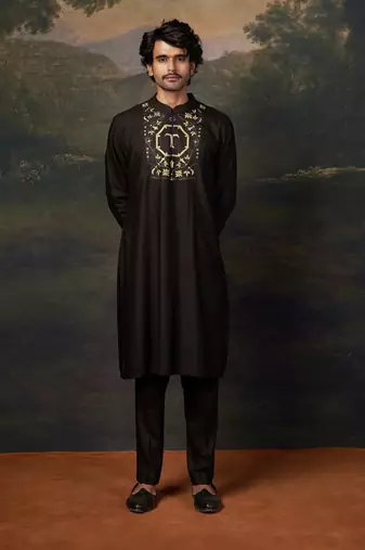 Black hand-embroidered black kurta set