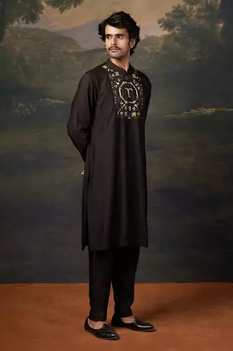 Black hand-embroidered black kurta set