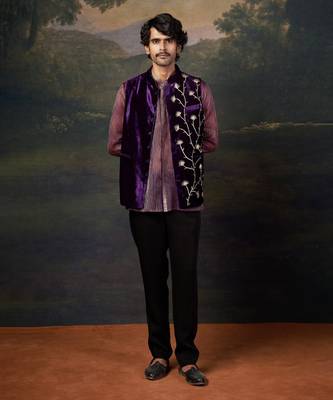 Purple hand-embroidered nehru jacket with embrodiered organza shirt and pants 1