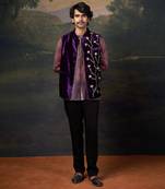 Purple hand-embroidered nehru jacket with embrodiered organza shirt and pants