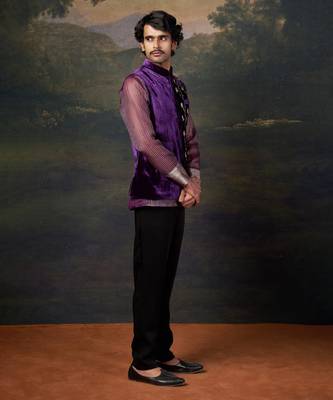 Purple hand-embroidered nehru jacket with embrodiered organza shirt and pants 2