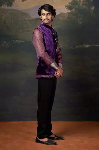 Purple hand-embroidered nehru jacket with embrodiered organza shirt and pants
