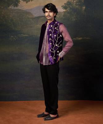 Purple hand-embroidered nehru jacket with embrodiered organza shirt and pants 3