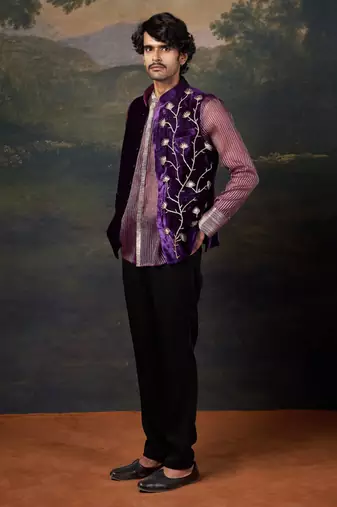 Purple hand-embroidered nehru jacket with embrodiered organza shirt and pants