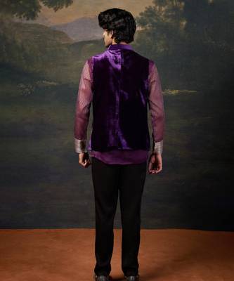 Purple hand-embroidered nehru jacket with embrodiered organza shirt and pants 4