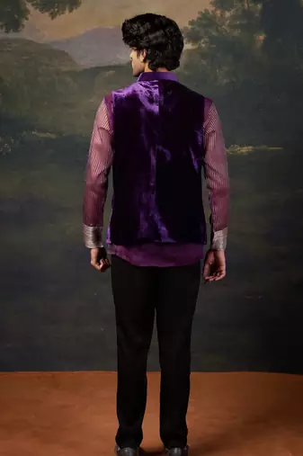 Purple hand-embroidered nehru jacket with embrodiered organza shirt and pants