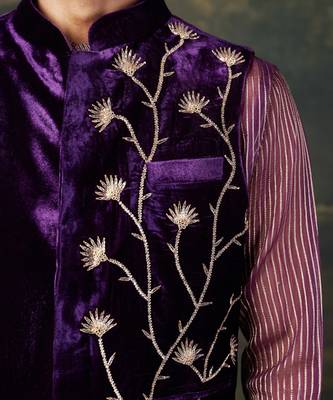 Purple hand-embroidered nehru jacket with embrodiered organza shirt and pants 5