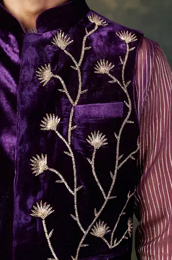 Purple hand-embroidered nehru jacket with embrodiered organza shirt and pants