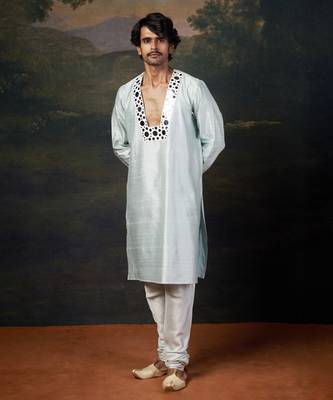 Turquoise embellished mirror work kurta set 1