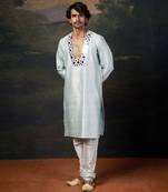 Turquoise embellished mirror work kurta set