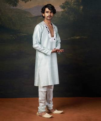 Turquoise embellished mirror work kurta set 5