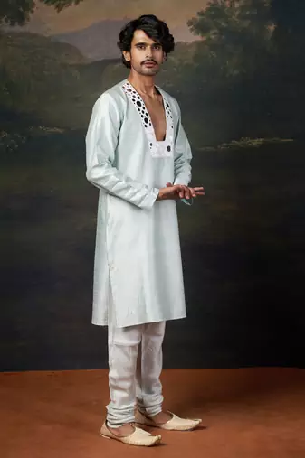 Turquoise embellished mirror work kurta set