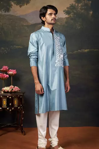 Grey hand-embroidered kurta with pyjama