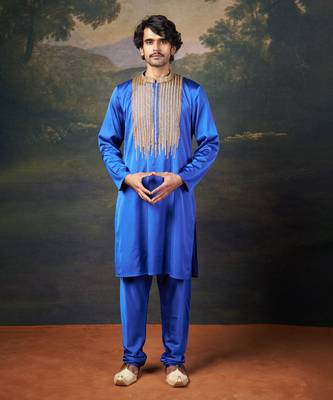 Blue antique hand-embroidered kurta with matching pyjama 1