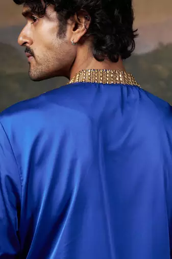 Blue antique hand-embroidered kurta with matching pyjama
