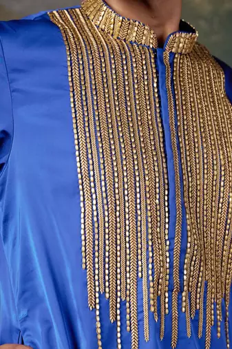 Blue antique hand-embroidered kurta with matching pyjama