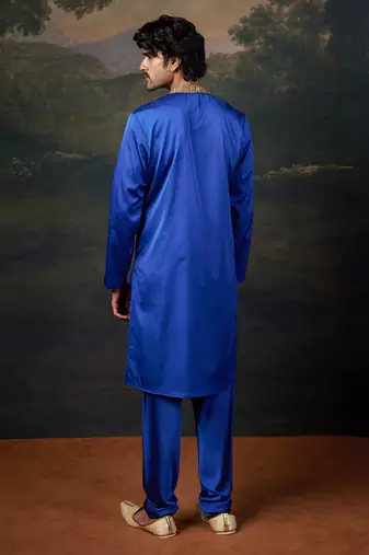 Blue antique hand-embroidered kurta with matching pyjama