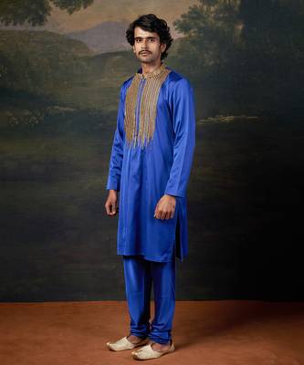 Blue antique hand-embroidered kurta with matching pyjama 5