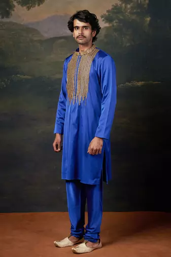 Blue antique hand-embroidered kurta with matching pyjama