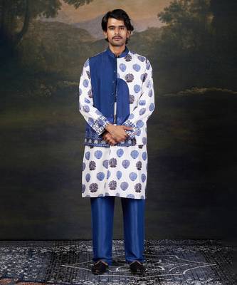 Blue buuti print nehru jacket with kurta & pyjama 1