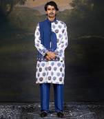 Blue buuti print nehru jacket with kurta & pyjama