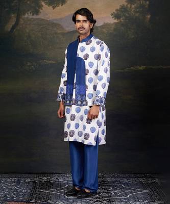 Blue buuti print nehru jacket with kurta & pyjama 2