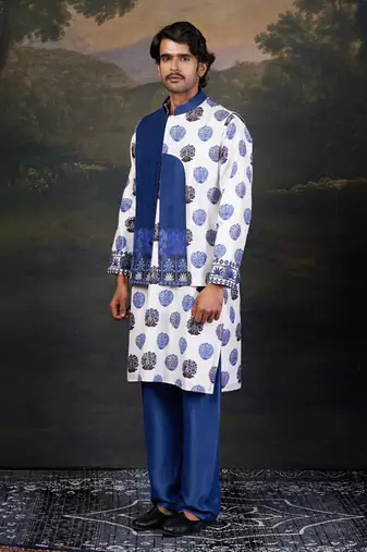 Blue buuti print nehru jacket with kurta & pyjama
