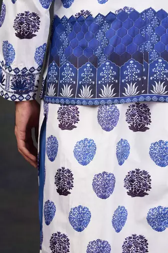 Blue buuti print nehru jacket with kurta & pyjama