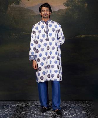 Blue buuti print nehru jacket with kurta & pyjama 4