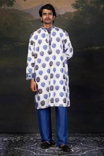Blue buuti print nehru jacket with kurta & pyjama