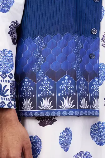 Blue buuti print nehru jacket with kurta & pyjama