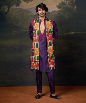 Purple hand embroidered kurta pyjama with nehru jacket set for men 1