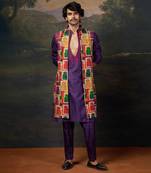 Purple hand embroidered kurta pyjama with nehru jacket set for men
